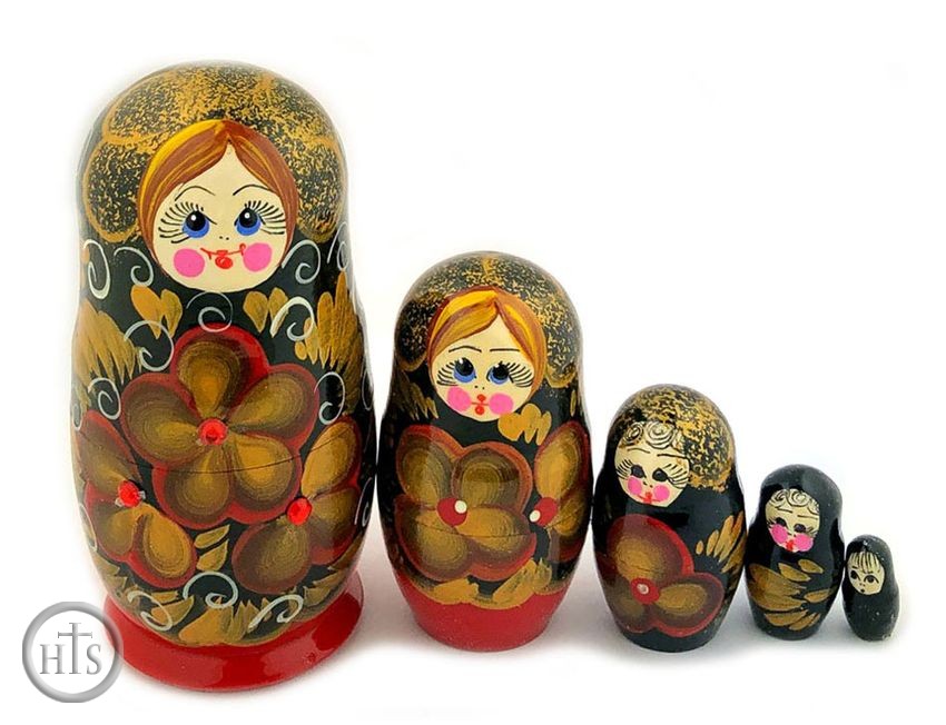 Image - 5 Nesting Matreshka Linden Wood Dolls, Khokhloma Style Design 