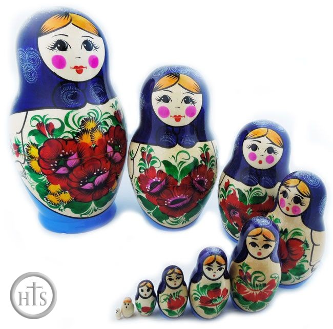 HolyTrinityStore Image - 10 Nested  Hand Painted Russian Wooden Dolls, Floral Style