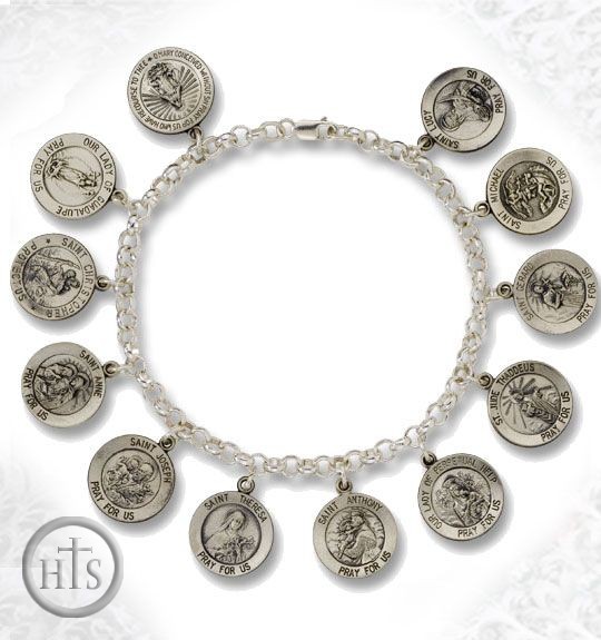 HolyTrinity Pic - Sterling Silver  Bracelet with Linked 12 Medal Charms
