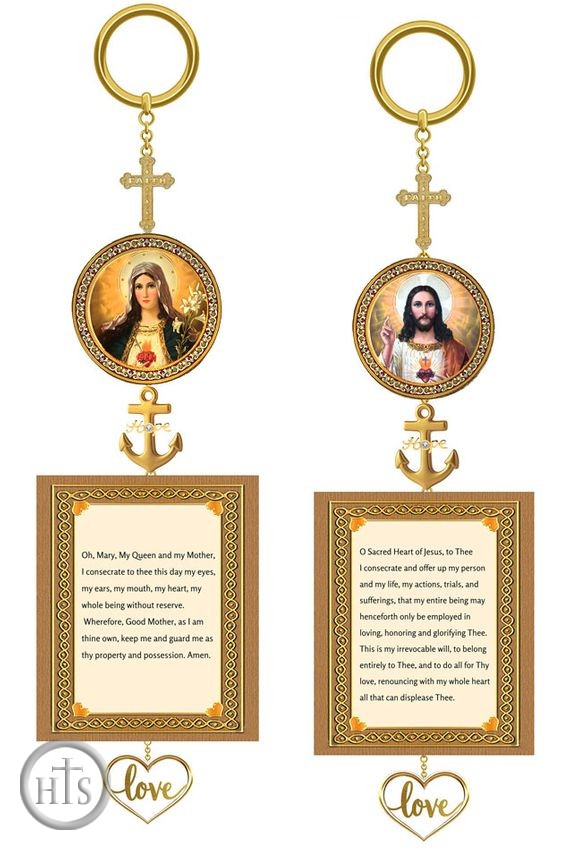 HolyTrinityStore Image - The Christ / Virgin Mary,  2 Sided Wooden Icon Charm with Prayers
