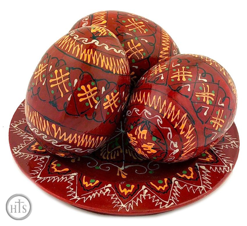 Pic - 3 Wooden   Pysanky Eggs on Its Plate, Hand Painted, Dark Red