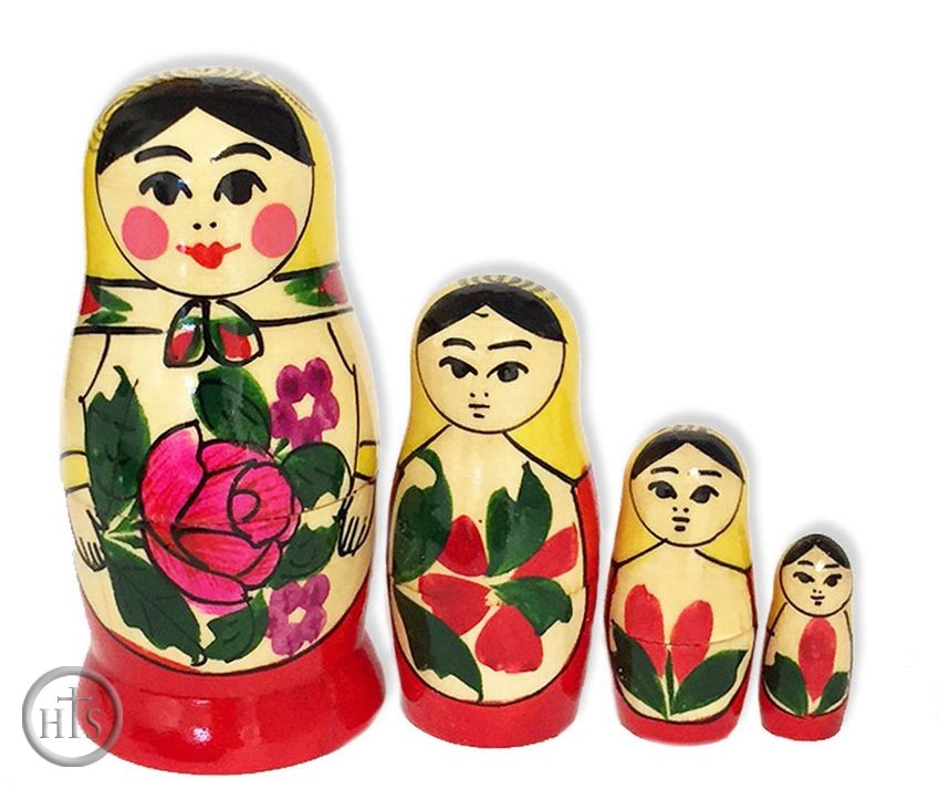 Pic - 4 Nesting Wooden Russian Dolls, Hand Painted,  Semenova Design