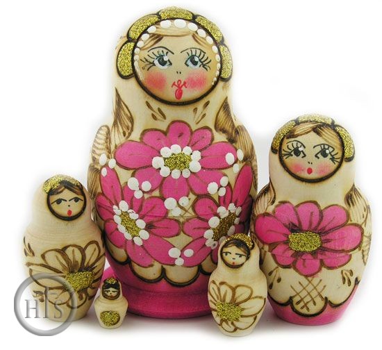 HolyTrinity Pic - 5 Nested  Woodburn Matrioshka Doll, Hand Carved Hand Painted 