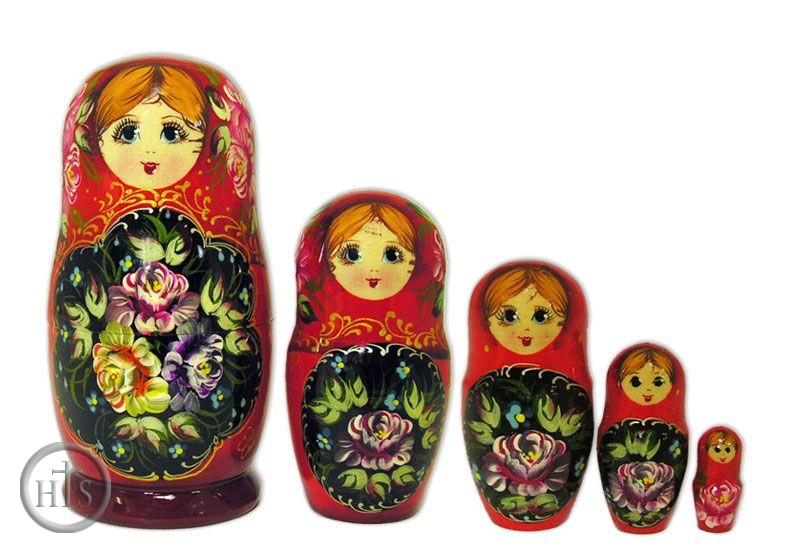 Picture - 5 Nested Matrioshka Dolls, Hand Carved & Hand Panted