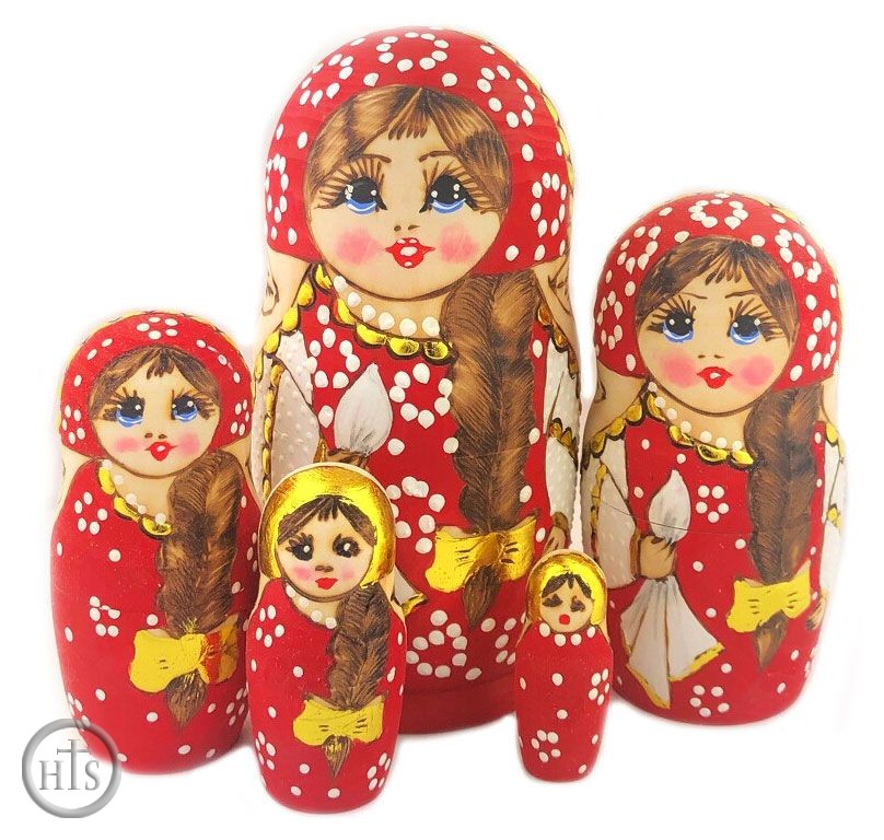 HolyTrinity Pic - Matreshka 5 Nesting Doll  with Long Braided Hair, Red