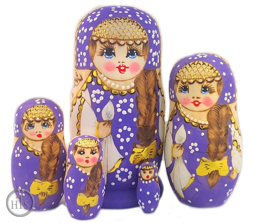 Product Image - Matreshka 5 Nesting Doll  with Long Braided Hair, Purple