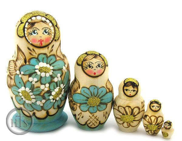 Product Picture - Matrioshka 5 Nested  Woodburn Doll Decorated with Beads, Floral Design
