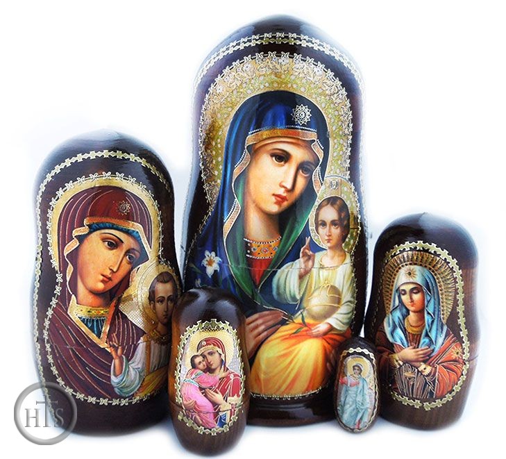 Picture - Virgin of Kazan, 5 Nesting Icon Dolls, Wood, Hand Painted