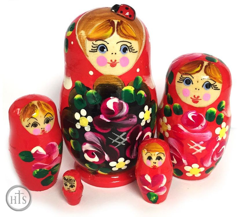 HolyTrinityStore Picture - 5 Nested Wooden Matreshka Dolls with Lady Bug, Hand Painted, Red
