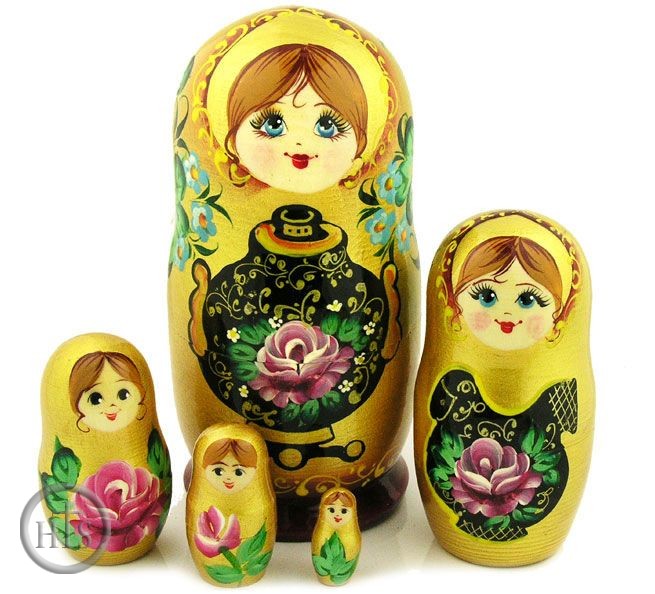 Product Picture - 5 Nested Wood Matreshka Dolls, Russian Style, Gold
