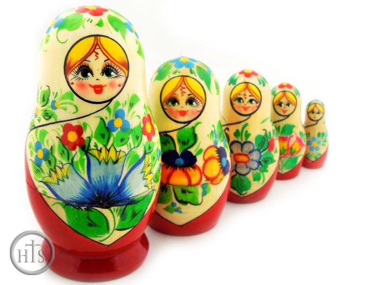 Product Photo - 5 Nested Wood Matrioshka Doll, Russian Floral Style