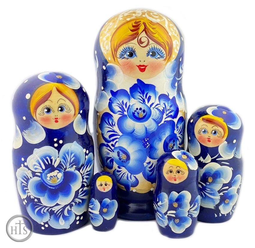 HolyTrinityStore Image - Matreshka 5 Nesting Doll, Cute Faces, Blue White Floral, 7