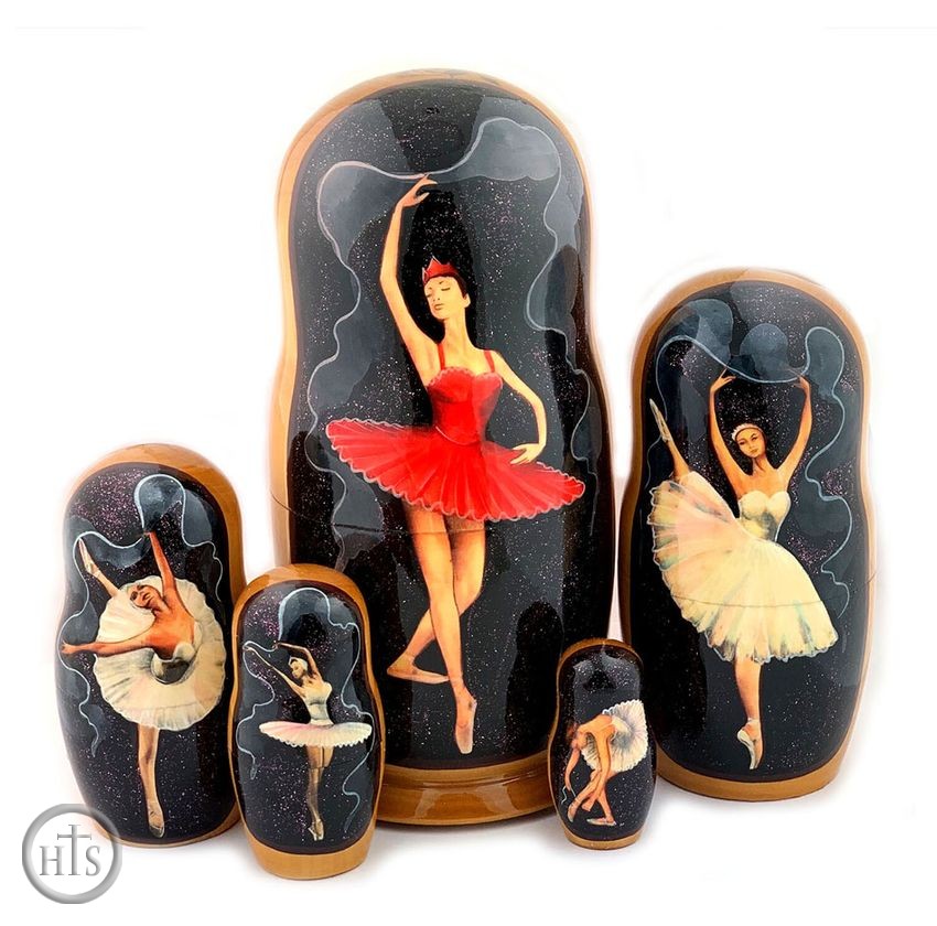 Product Photo - Balerina Balley, 5 Nested Wood Matrioshka Dolls, Hand Painted 