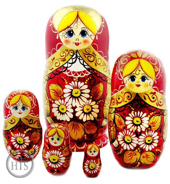 Image - 5 Nested Wood Matrioshka Dolls, Flower Design,   Red