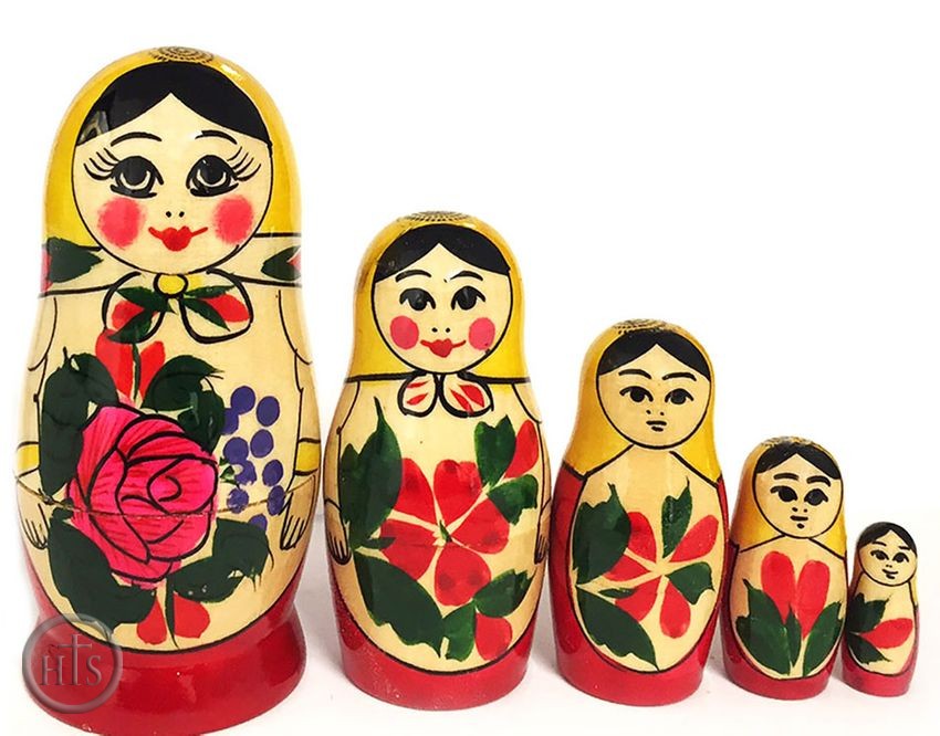 Pic - 5 Nesting Wooden Russian Dolls, Hand Painted,  Semenova Design
