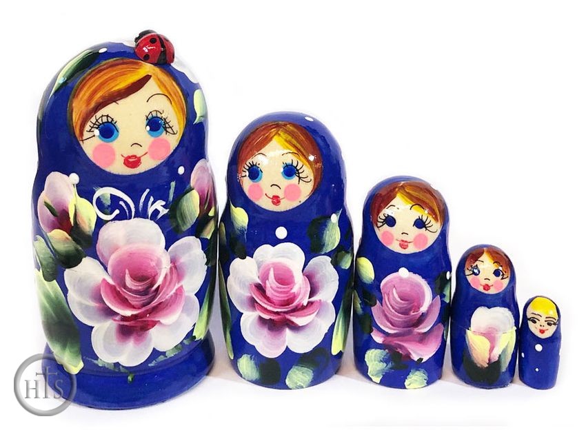 Pic - 5 Nested Wooden Matreshka Dolls with Lady Bug, Hand Painted, Blue