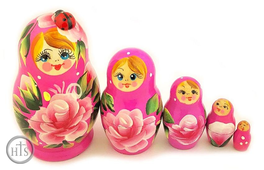 HolyTrinityStore Photo - 5 Nesting  Wooden Matreshka Dolls with Lady Bug, Hand Painted, Pink