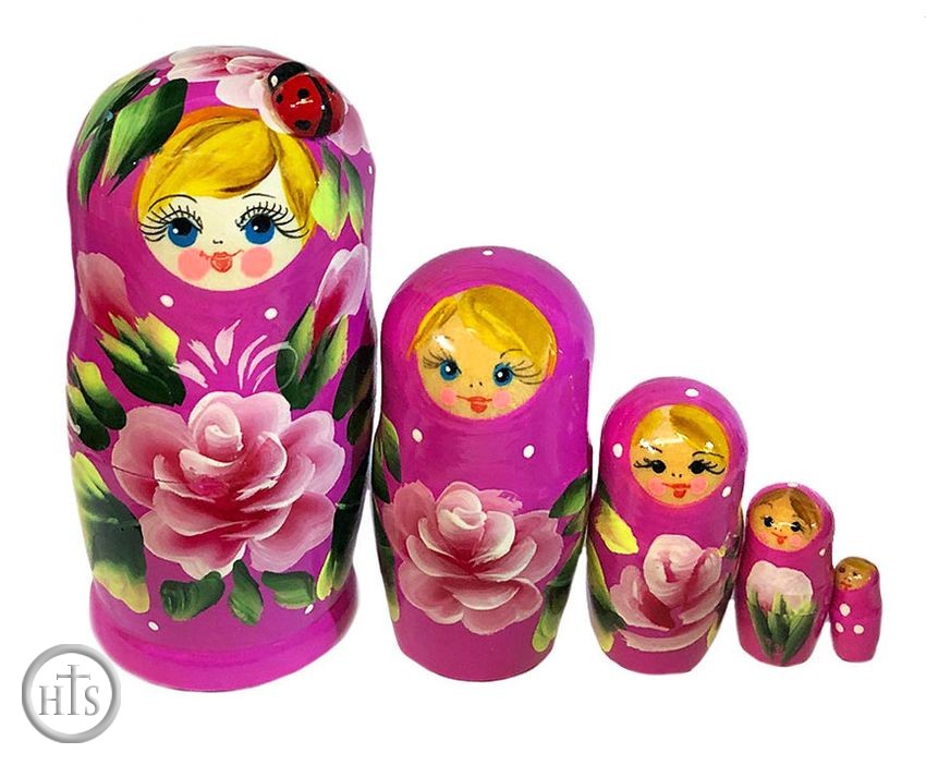 Image - 5 Nesting Wooden Matreshka Dolls with Lady Bug, Hand Painted, Purple