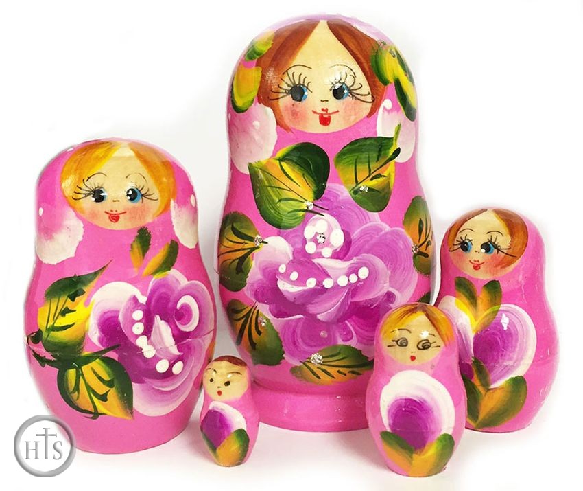 Pic - 5 Nesting Wooden Matreshka Dolls Floral Design, Pink