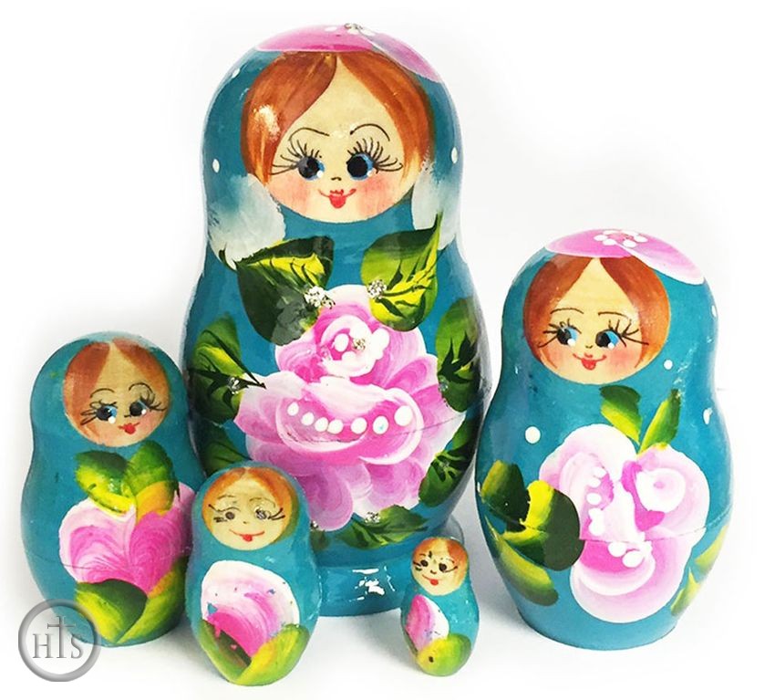 Product Image - 5 Nesting Wooden Matreshka Dolls Floral Design, Blue
