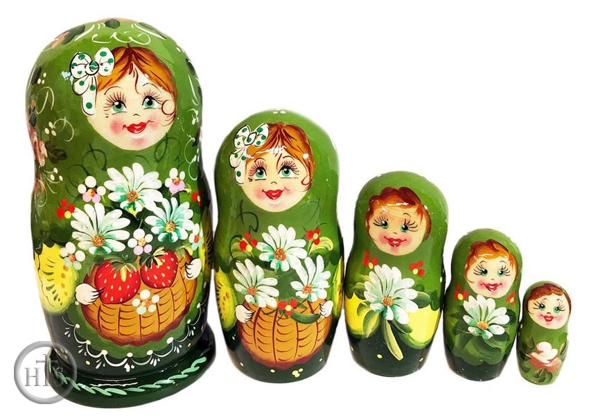 HolyTrinityStore Image - 5 Nesting Matreshka Dolls with Basket of Strawberries and Daisy Flowers