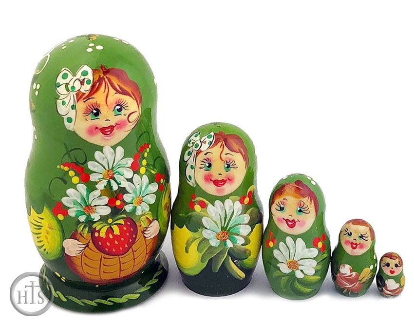 Product Image - 5 Nesting Wooden Matreshka Dolls with Daisy Flowers & Strawberry 