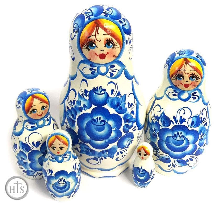 HolyTrinityStore Picture - 5 Nested Wooden Matreshka Doll, White and Blue 