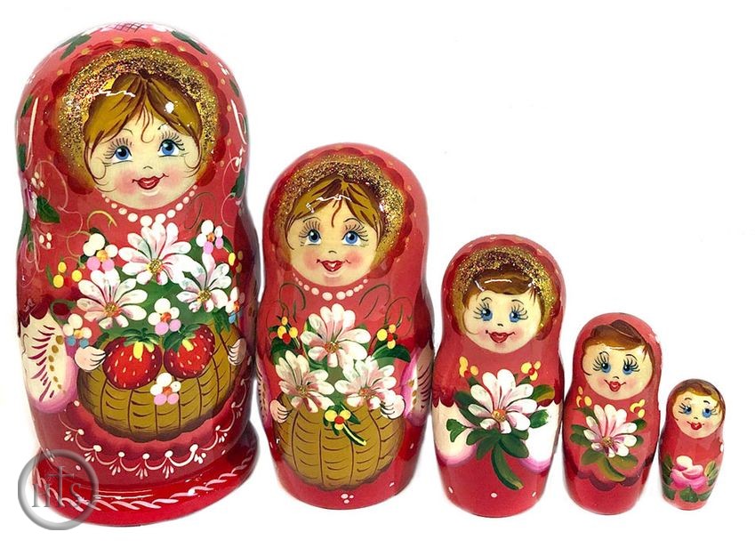 HolyTrinityStore Picture - 5 Nesting Matreshka Dolls with Basket of Strawberries and Daisy Flowers