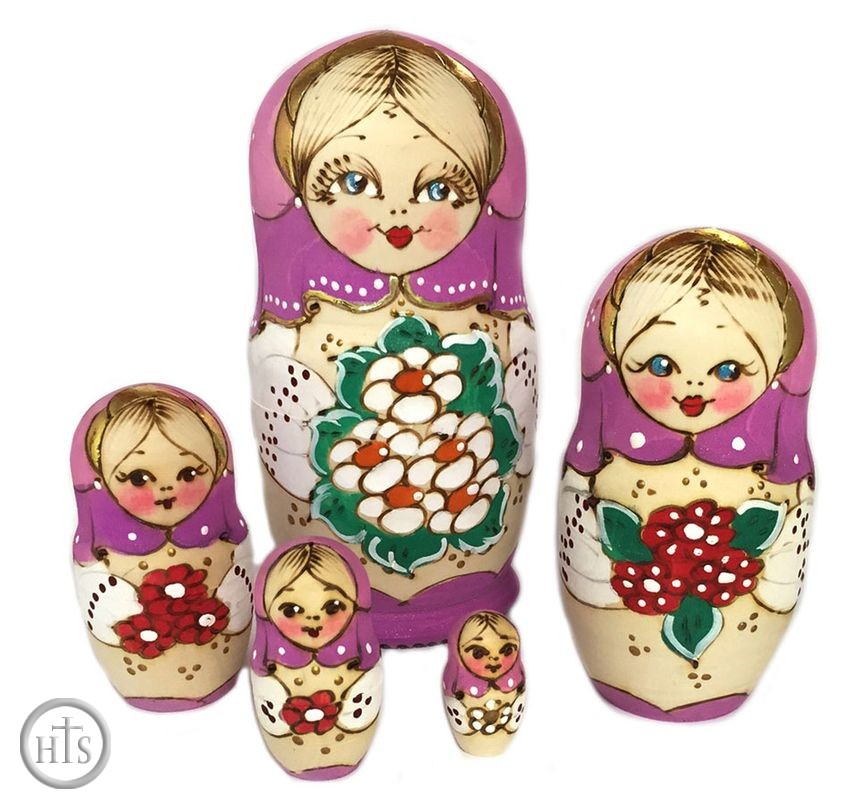 HolyTrinityStore Image - 5 Nesting Matreshka Dolls, Wood Burn, Pink