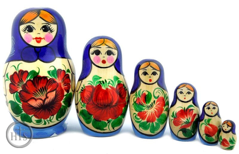 Photo - 6 Nested Wooden Russian Dolls, Hand Painted,  Semenova Design