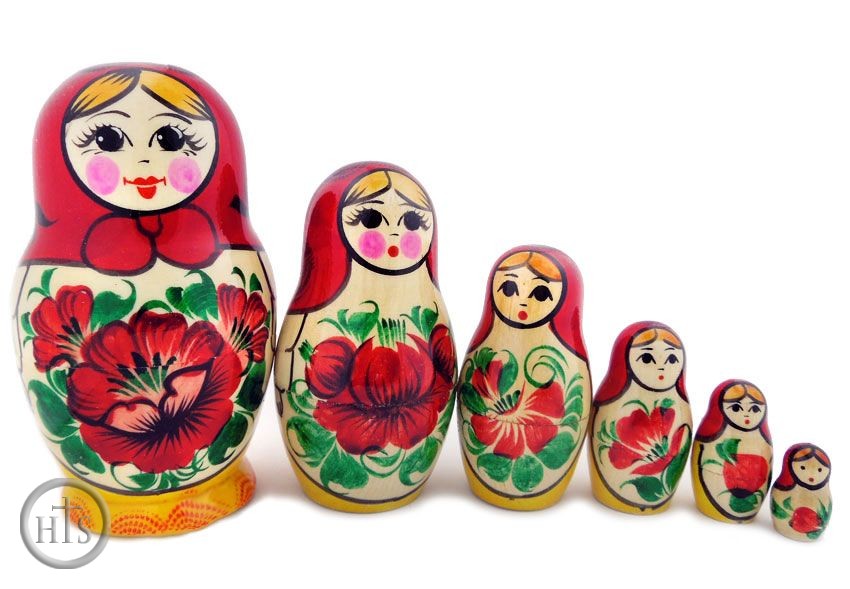 HolyTrinityStore Image - 6 Nested Wooden Russian Dolls, Hand Painted,  Semenova Design,
