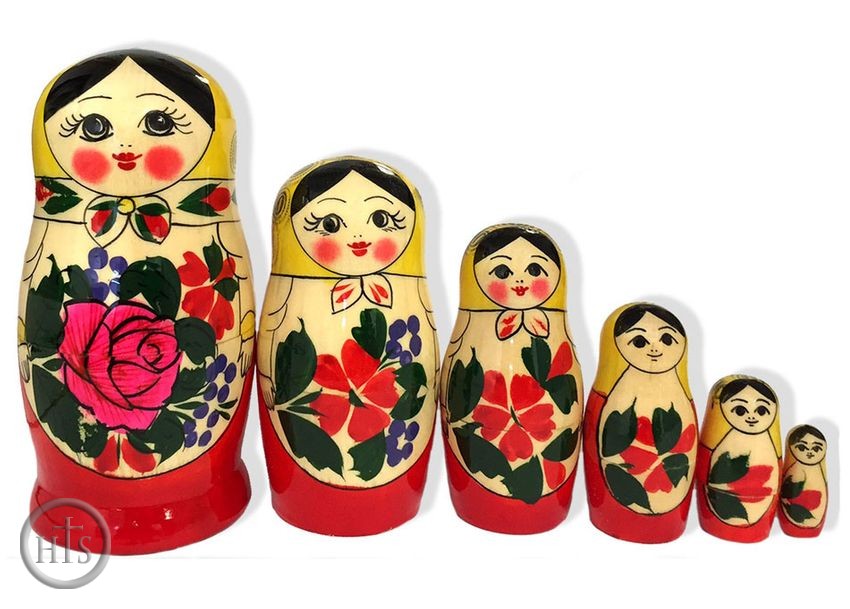 Product Photo - 6 Nesting Wood Hand Painted Russian Dolls, Semenova Design