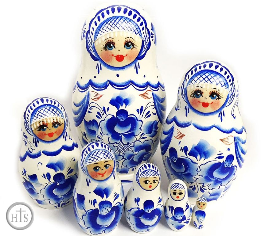 Product Pic - 7 Nested Wooden Matreshka Doll, White and Blue 