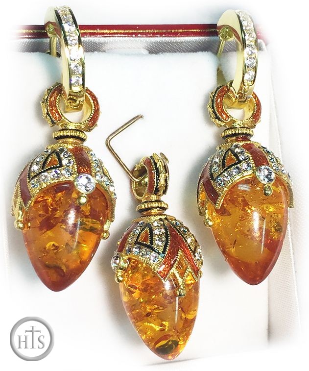 Picture - Amber Set of Earrings with Egg Pendant,  Silver, Gold Plated
