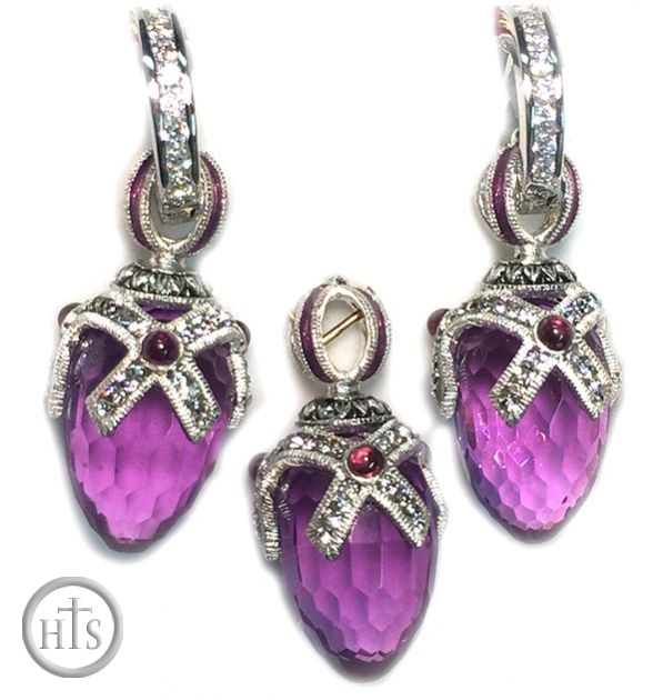 Product Pic - Amethyst Set of Earrings with Egg Pendant,  Sterling Silver 925,  Garnet Stones