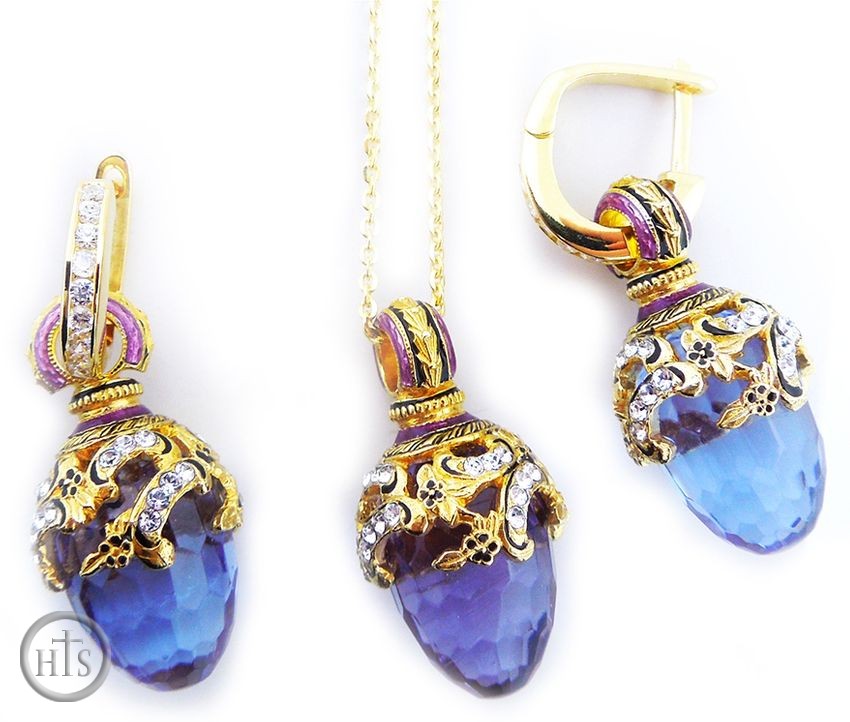 Product Pic - Amethyst Set of Earrings with Egg Pendant,  Sterling Silver 925,   Gold Plated
