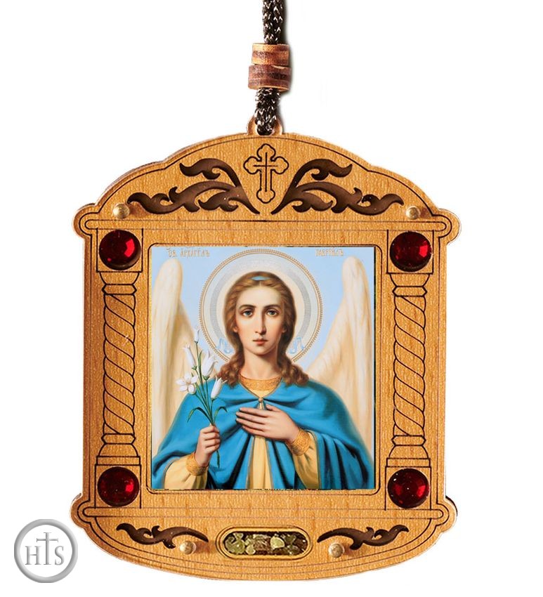 HolyTrinity Pic - Archangel Gabriel, Wooden Icon Shrine Pendant Ornament on Rope