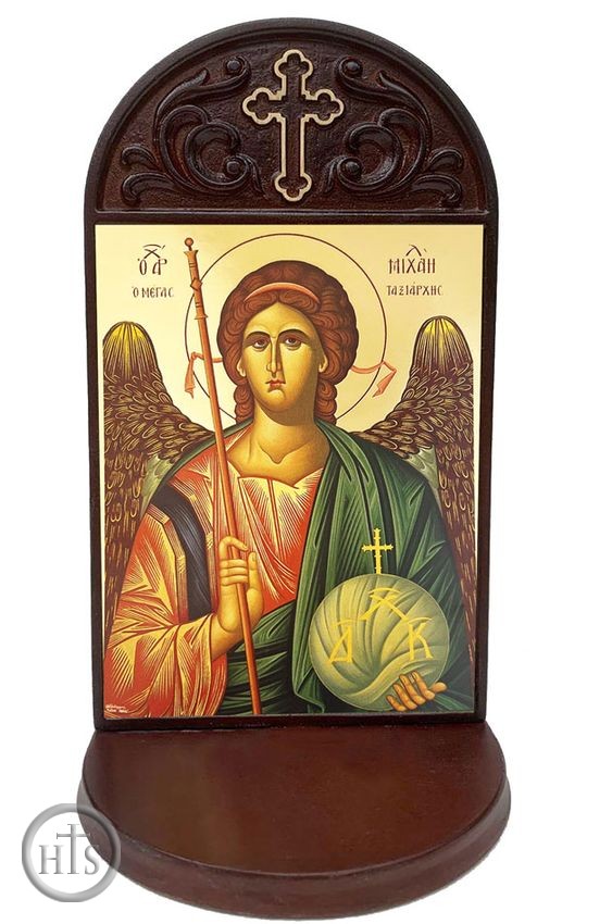 Product Pic - Archangel Michael, Byzantine Greek Icon in Shrine With Shelf 