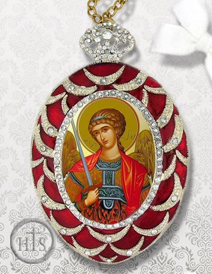 Pic - Archangel Michael, Egg Shaped Ornament Icon, Red