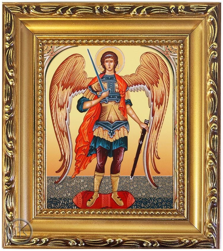 Pic - Archangel Michael, Wooden Frame Gold Foil Icon with Stand