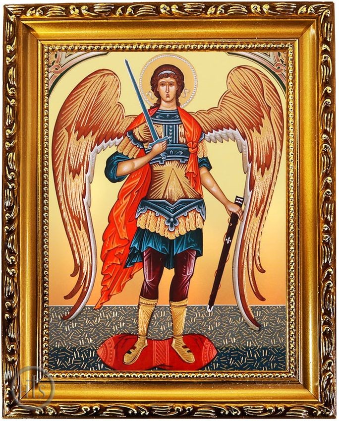 HolyTrinityStore Picture - Archangel Michael, Wooden Frame Gold Foil Icon with Stand
