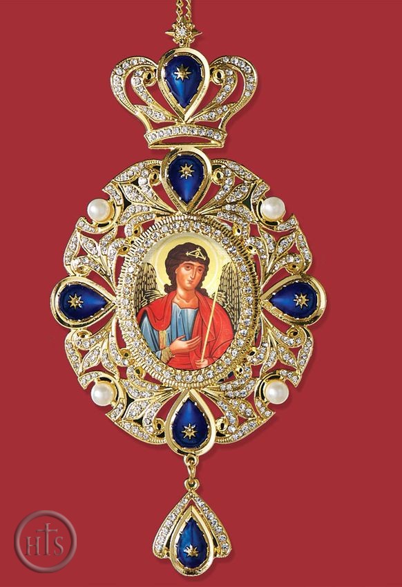 HolyTrinityStore Picture - Archangel Michael, Panagia Style Icon Ornament / Blue Crystals