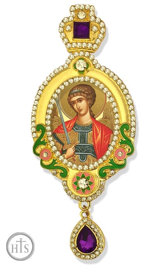 Pic - Archangel Michael,  Jeweled Icon Ornament, Yellow Frame & Purple Crystals