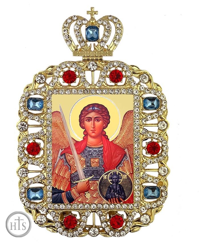 Product Photo - Archangel Michael, Jeweled Framed Icon With Crown and Stand