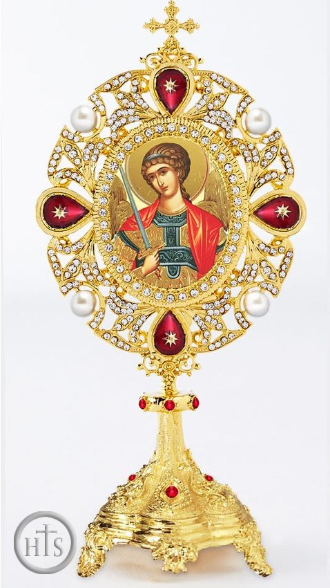 HolyTrinityStore Picture - Archangel Michael Icon in Pearl Jeweled Shrine - Monstrance Style