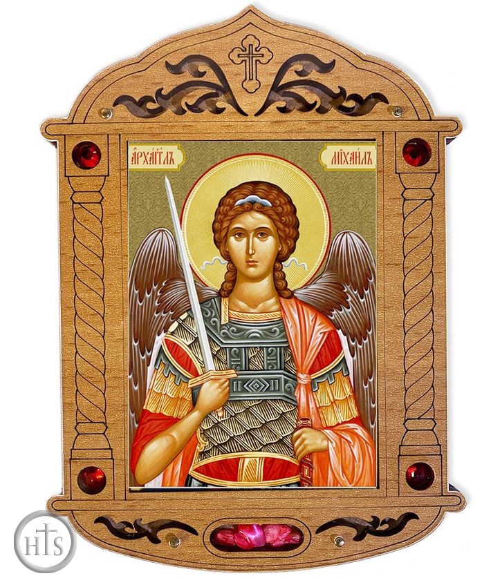 Product Photo - Archangel Michael Icon in Wooden Shrine with Glass and Incense