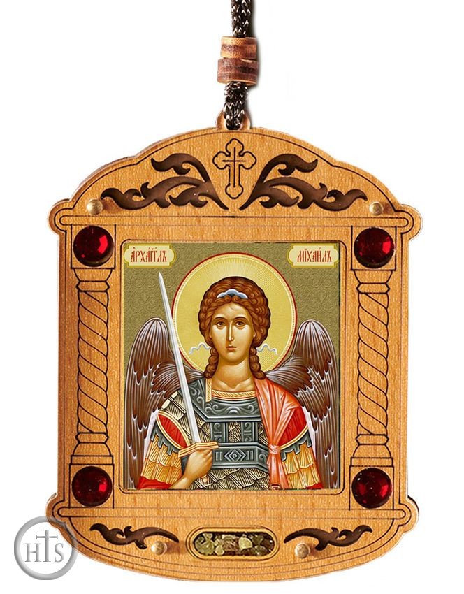 HolyTrinityStore Photo - Archangel Michael, Wooden Icon Shrine Pendant Ornament on Rope
