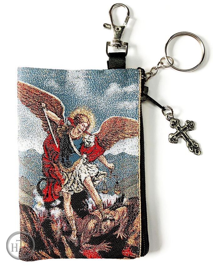 HolyTrinityStore Picture - Archangel Michael, Tapestry Holder for Rosary with Key Chain