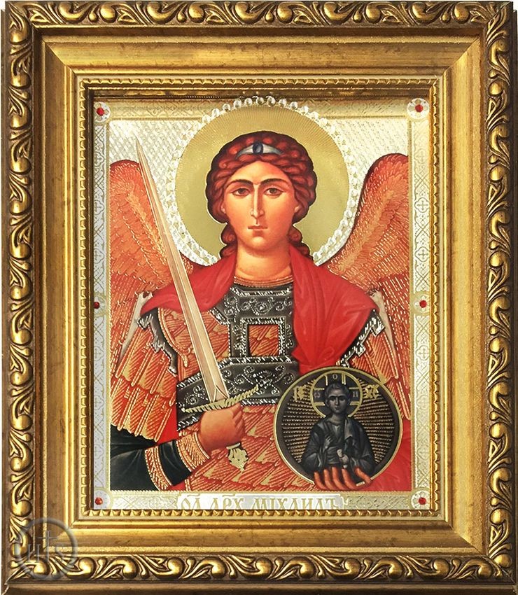 Product Picture - Archangel Michael, Orthodox Framed Icon with Crystals and Glass 