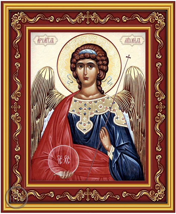HolyTrinityStore Image - Archangel Michael, Gold Foil Orthodox Icon in Burgundy Frame  